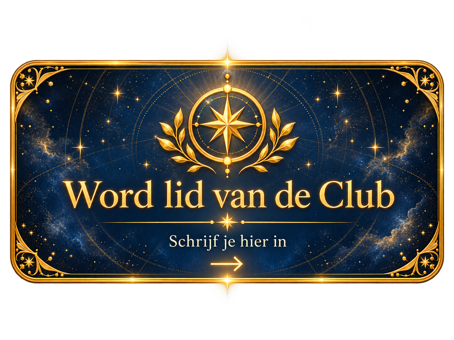 Donkere sterrenhemel met gouden ornamenten, kompasroos en tekst “Word lid van de Club” en “Schrijf je hier in”.