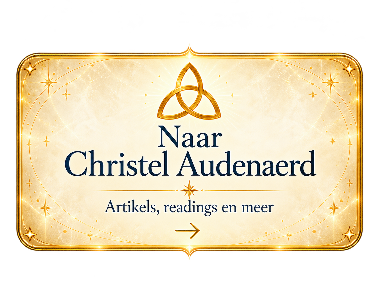 Gouden sierlijke banner met triquetra-icoon, tekst “Naar Christel Audenaerd” en “Artikels, readings en meer”.