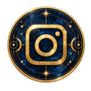 Blauwe ronde medaillon met gouden letter O, sterren en geometrische lijnen tegen zwarte achtergrond.