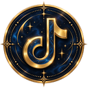 Blauwe sterrenhemel met gouden letter J in sierlijke cirkel, fonkelende ornamenten en lijnen.